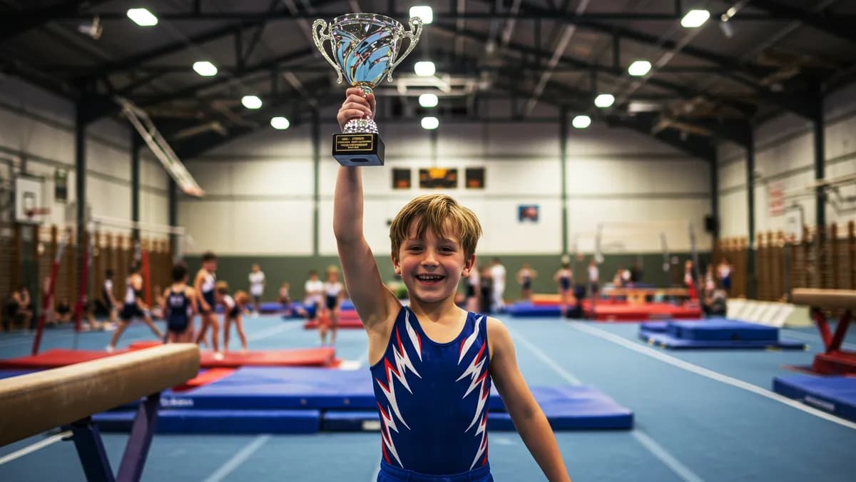 Joyful young gymnast raising a trophy in a gym