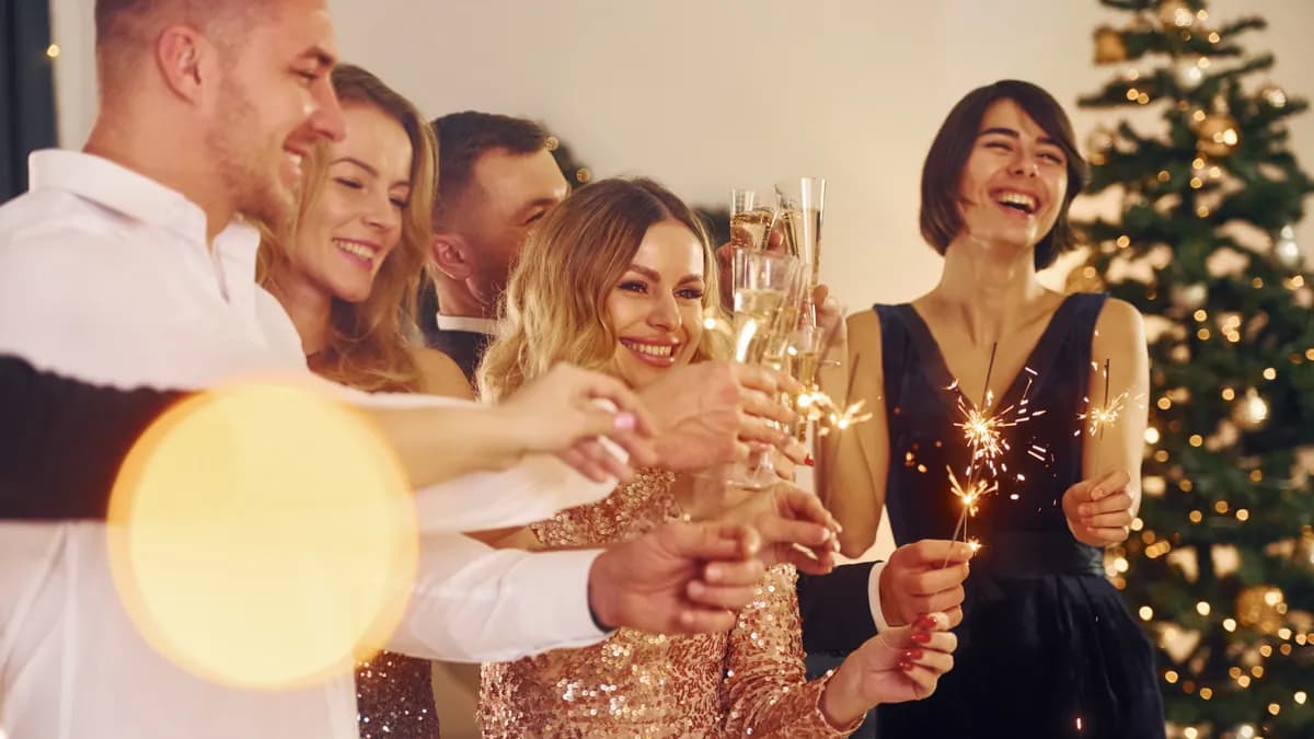 Group of people celebrating at a festive New Year party