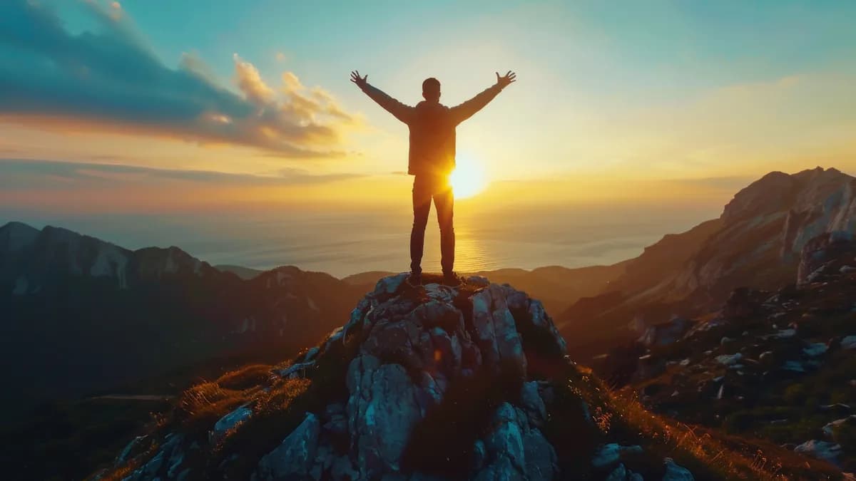 Silhouette of person celebrating sunrise over a mountain range