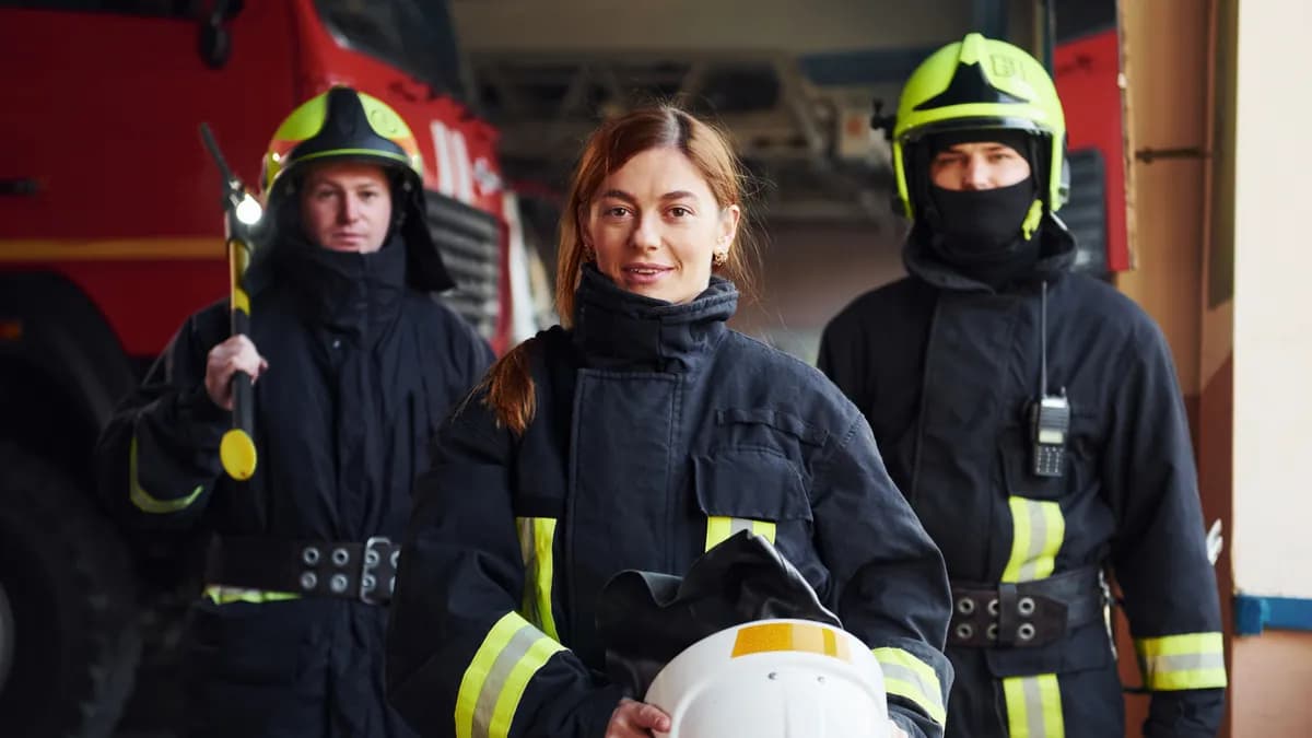 Group of firefighters in protective uniforms at their station