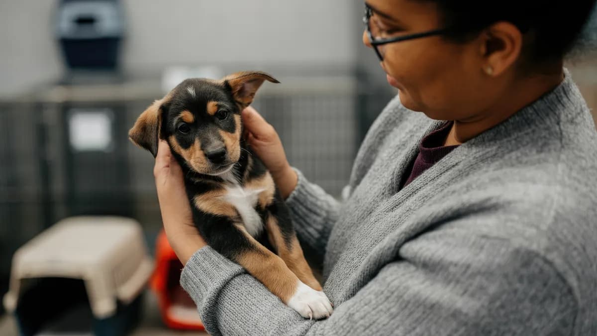Woman holding a puppy in an animal shelter